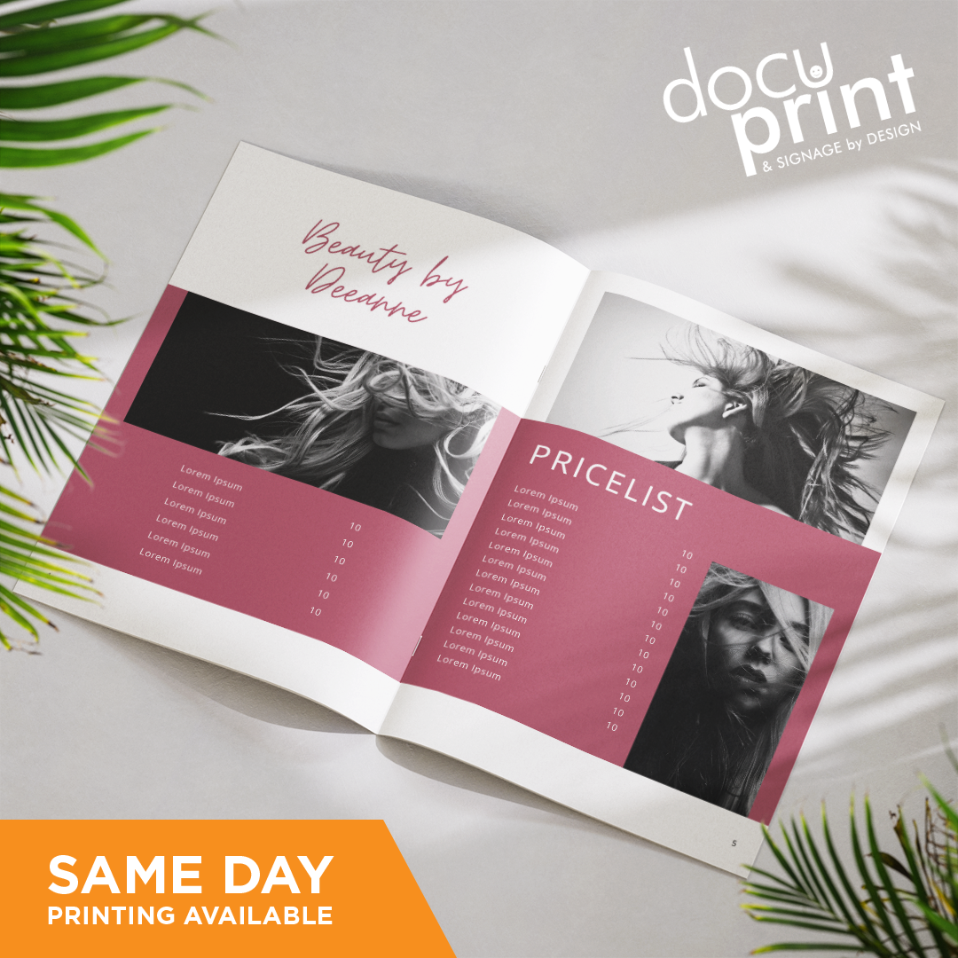 A4 Portrait Saddle Stitched Booklet featuring a beauty salon service list, custom designed and printed by Docuprint in Fremantle, Perth, Australia. The booklet is on a white table surrounded by plants.