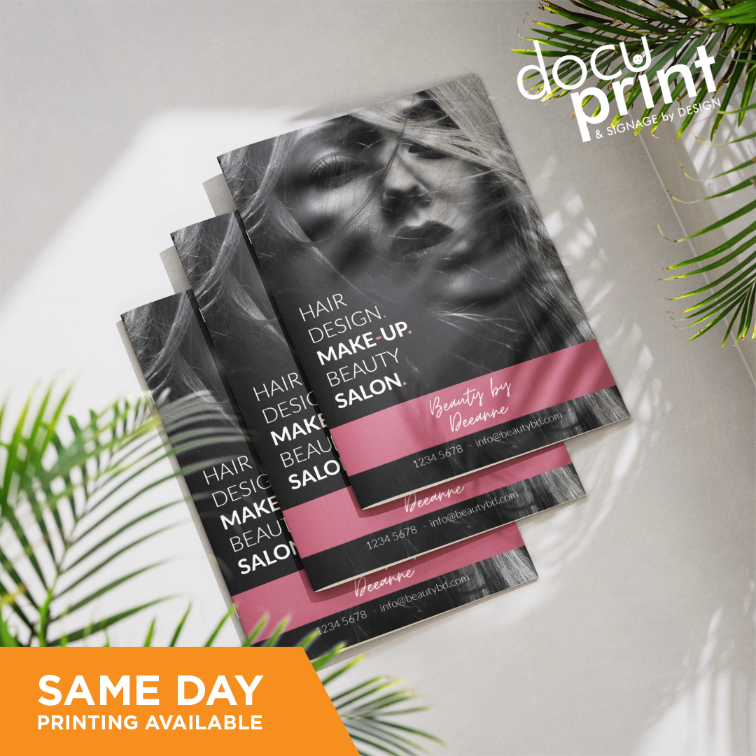 Stack of A4 portrait saddle stitched booklets with full-color printing, promoting a beauty salon, custom designed and printed by Docuprint in Fremantle, Perth, Australia