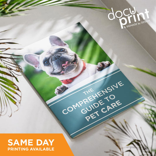 A5 saddle stitched booklet designed and printed by Docuprint, shown in use as a business brochure in Fremantle, Perth, Australia