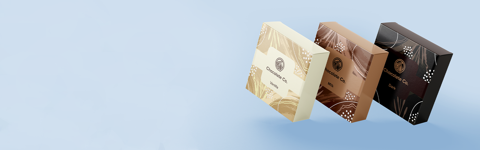 Blue background banner featuring chocolate packaging boxes, custom designed and printed by Docuprint in Fremantle, Perth, Australia