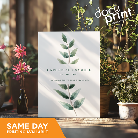 A4 size business card with a leaf design and text, displayed on a table with a plant background, custom designed and printed by Docuprint in Fremantle, Perth, Australia