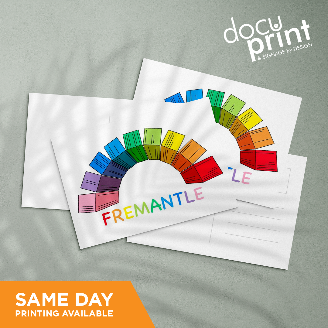 A stack of A6 size postcards with full color printing, featuring Fremantle's colourful shipping container icon, custom designed and printed by Docuprint in Fremantle, Perth, Australia