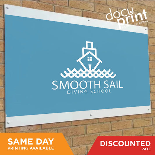 Discounted rate ACM signage panel for Smooth Sail Diving School with a blue background and houseboat graphic, custom designed and printed by Docuprint in Fremantle, Perth, Australia