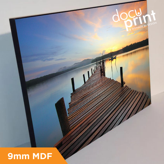 Block mounted 9mm MDF poster print of a scenic dock at sunset, professionally finished by Docuprint in Fremantle, Perth, Australia