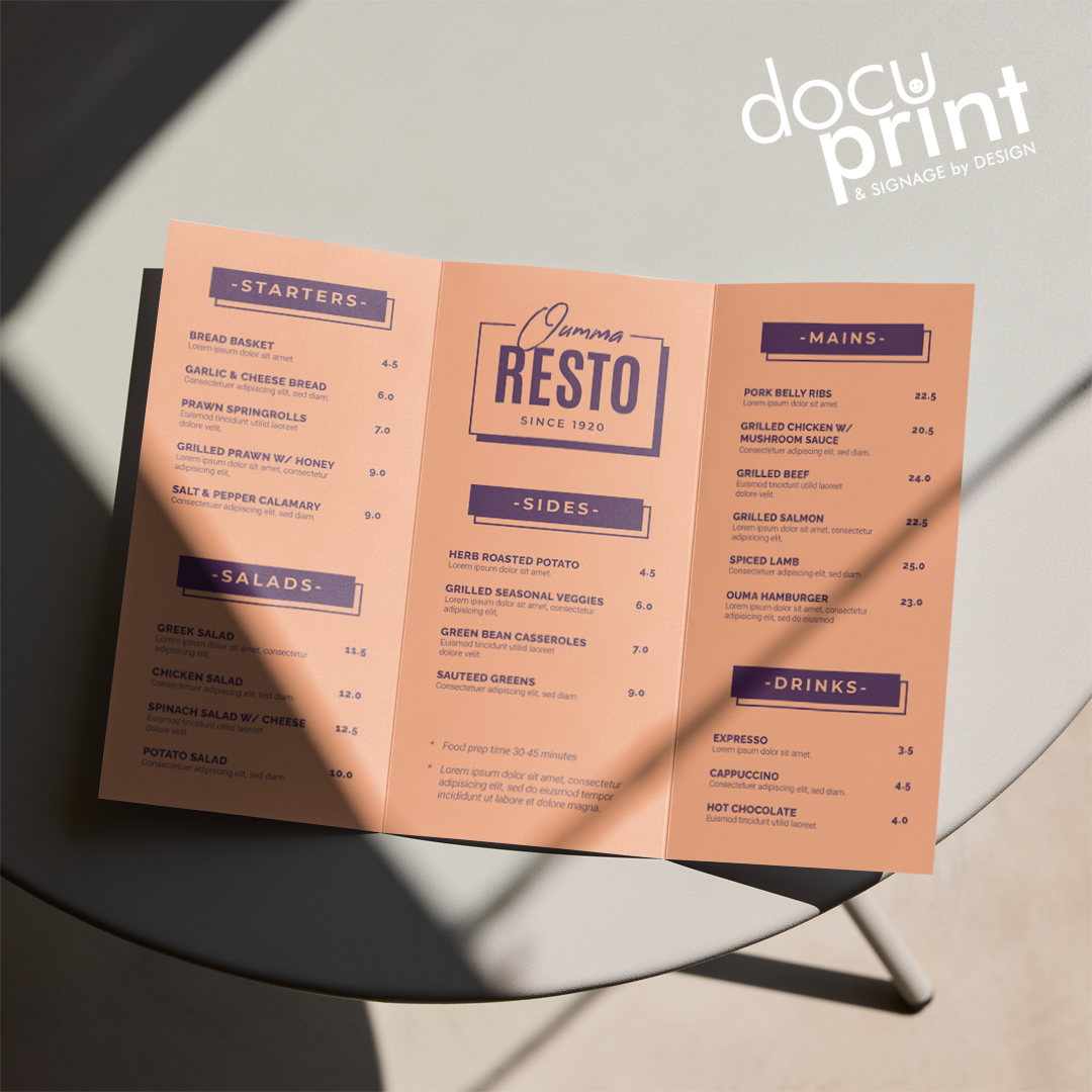 Trifold brochure featuring food menu items on each panel, custom designed and printed by Docuprint in Fremantle, Perth, Australia