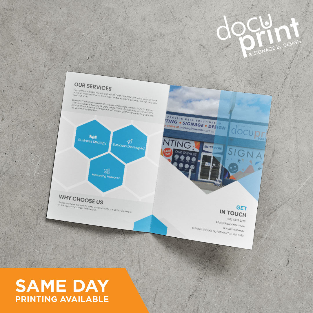 An A4 half fold brochure featuring services on a marble table, custom designed and printed by Docuprint in Fremantle, Perth, Australia