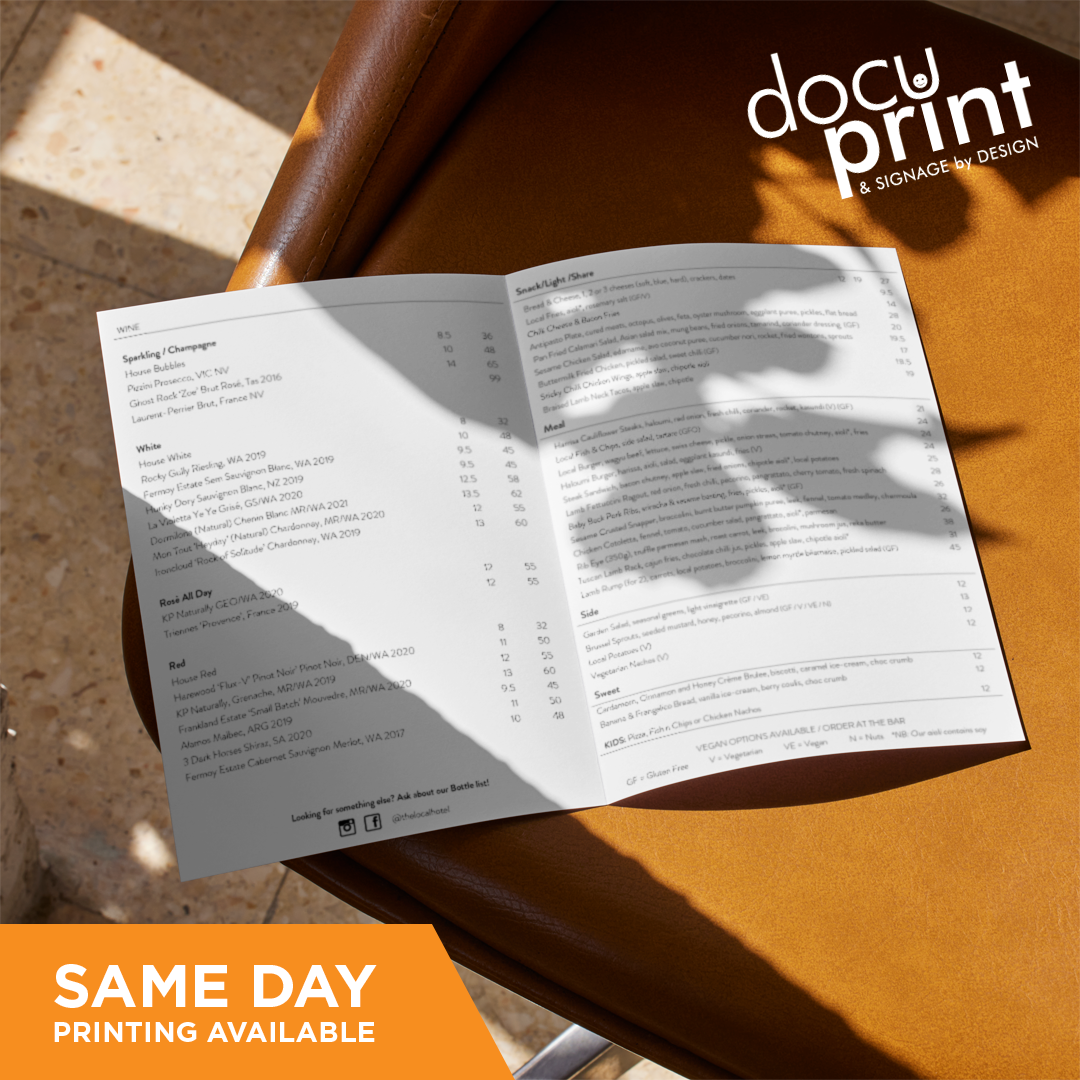 An A5 half fold bruchure with a restaurant menu, custom designed and printed by Docuprint in Fremantle, Perth, Australia