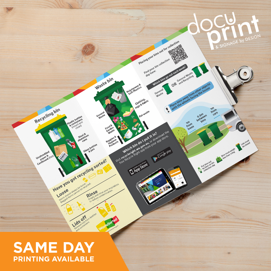 A DL trifold brochure featuring various sections with text, images, and QR codes, laid out on a wooden surface, custom designed and printed by Docuprint in Fremantle, Perth, Australia