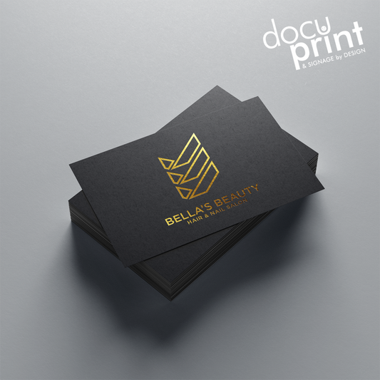 Gold foiled business cards advertising a Beauty salon,custom designed and printed by Docuprint in Fremantle, Perth, Australia
