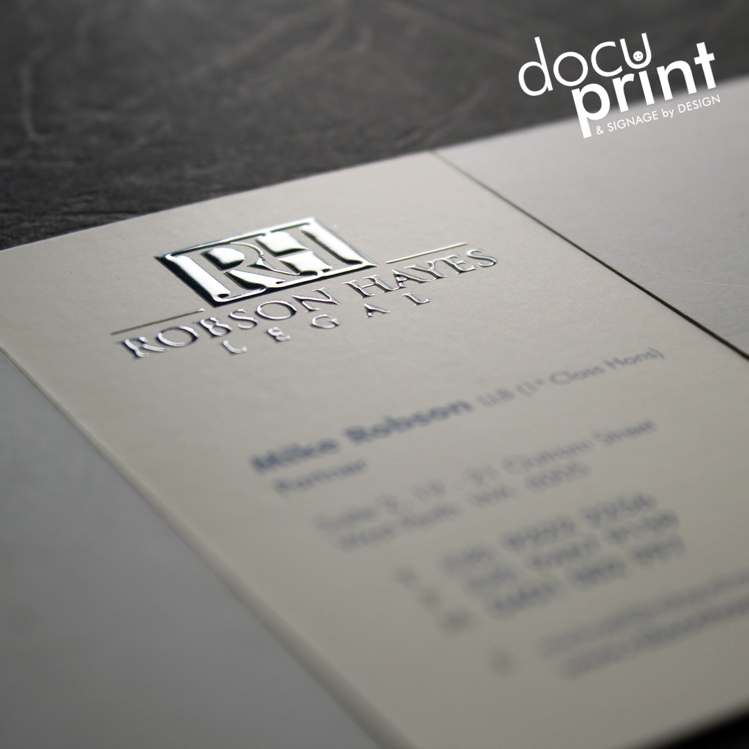Raised spot UV business card for a lawyer firm, custom designed and printed by Docuprint in Fremantle, Perth, Australia