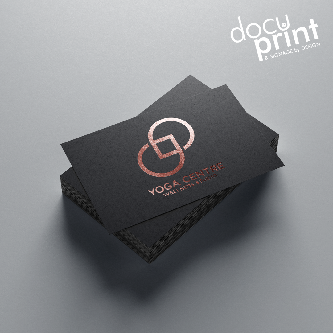 Rose gold foiled business cards, advertising a Yoga and wellness center, custom designed and printed by Docuprint in Fremantle, Perth, Australia