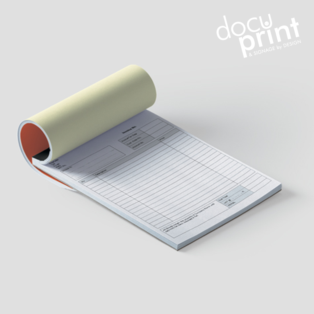A carbonless book with a rolled paper cover, lying flat with pages visible, customized with company logo and contact information, custom designed and printed by Docuprint in Fremantle, Perth, Australia