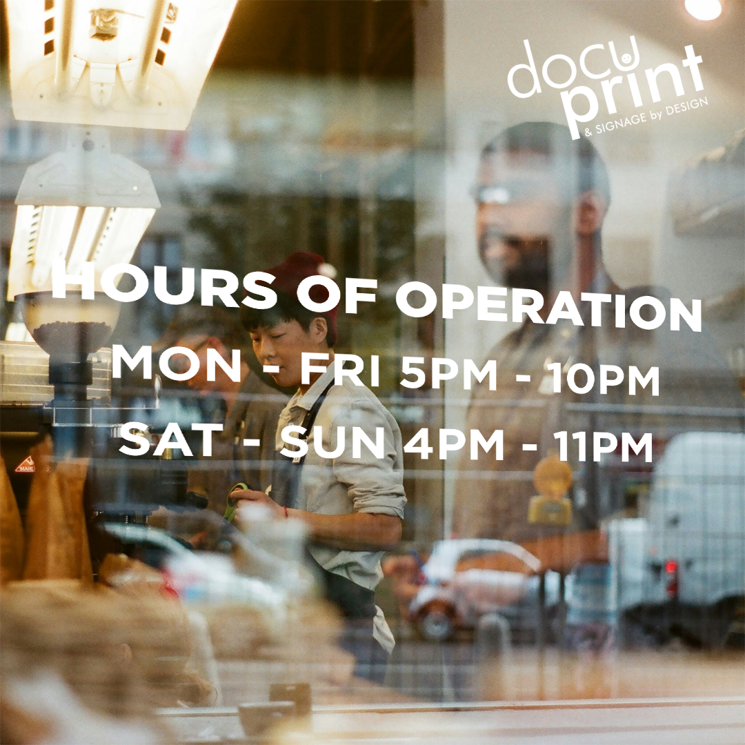 Kiss cut lettering on a shopfront window showing opening hours and days, custom designed and printed by Docuprint in Fremantle, Perth, Australia