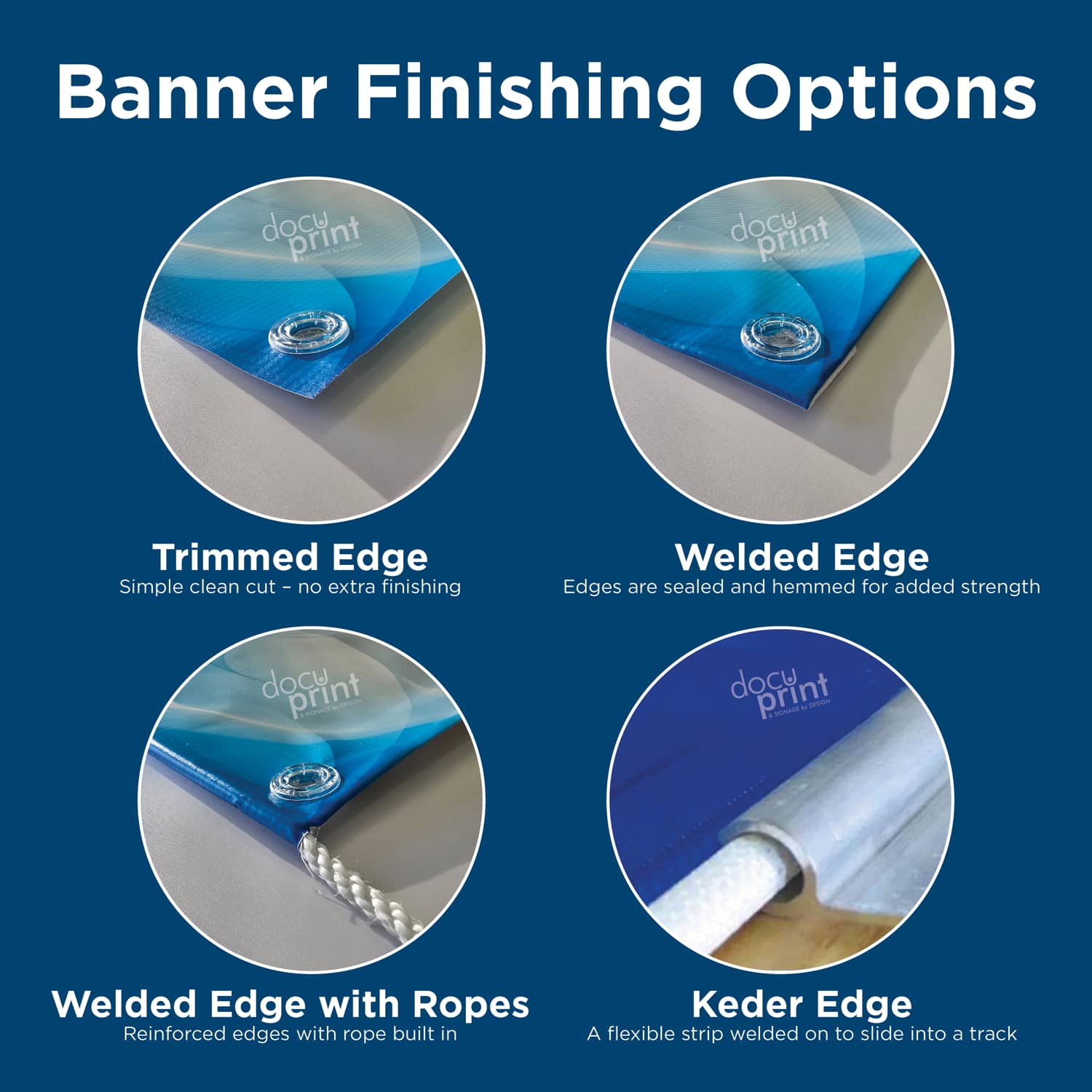 PVC banner with finishing options displayed, custom printed by Docuprint in Fremantle, Perth, Australia