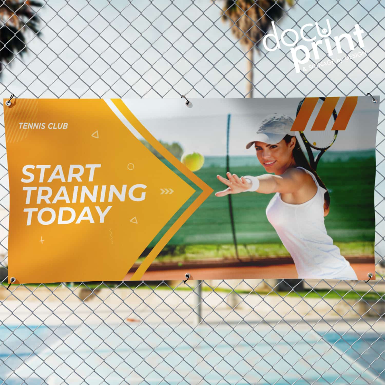 Tennis club promotional banner with a player on a tennis court, featuring 'docu print' branding. custom designed and printed by Docuprint in Fremantle, Perth, Australia