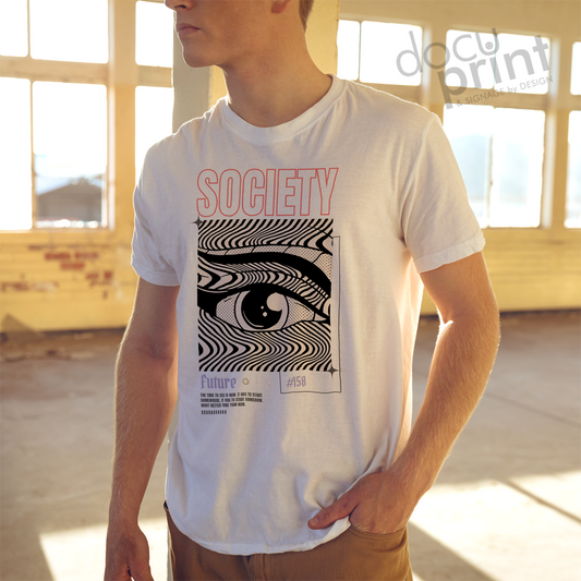 A person wearing a white t-shirt with a custom printed design that features a stylized eye pattern, custom designed and printed by Docuprint in Fremantle, Perth, Australia