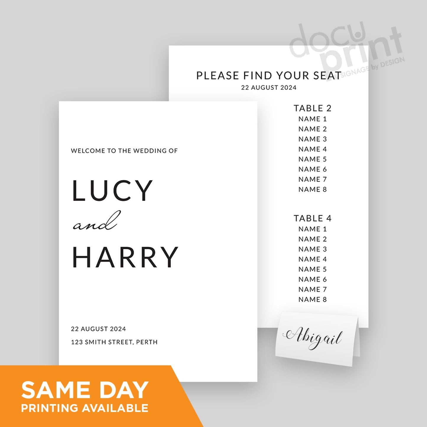A wedding-themed display set including a seating chart and placecards, with the names 'LUCY & HARRY' printed on them, custom designed and printed by Docuprint in Fremantle, Perth, Australia