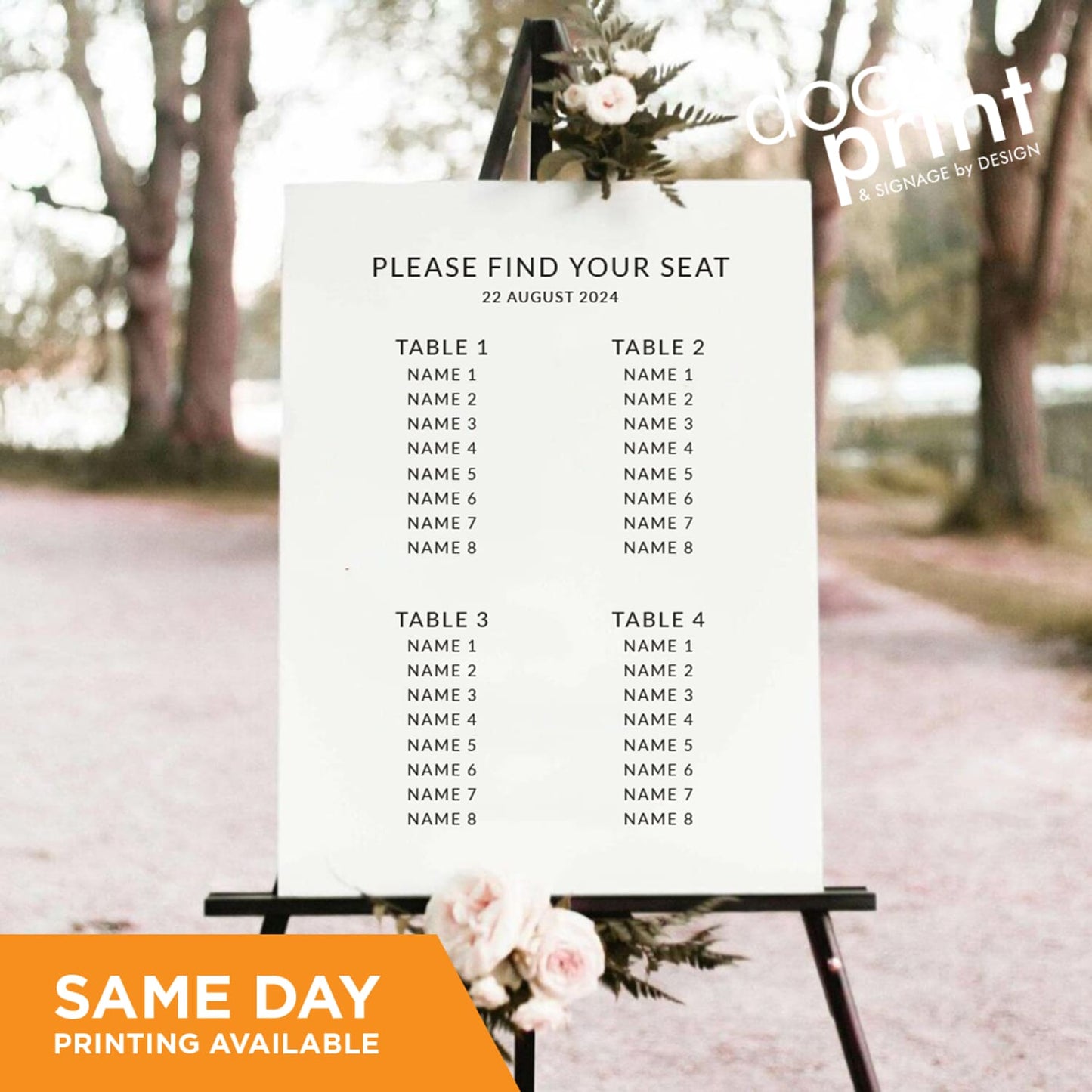A wedding seat chart on a wooden easel in a forest setting, with a list of guests names, custom designed and printed by Docuprint in Fremantle, Perth, Australia