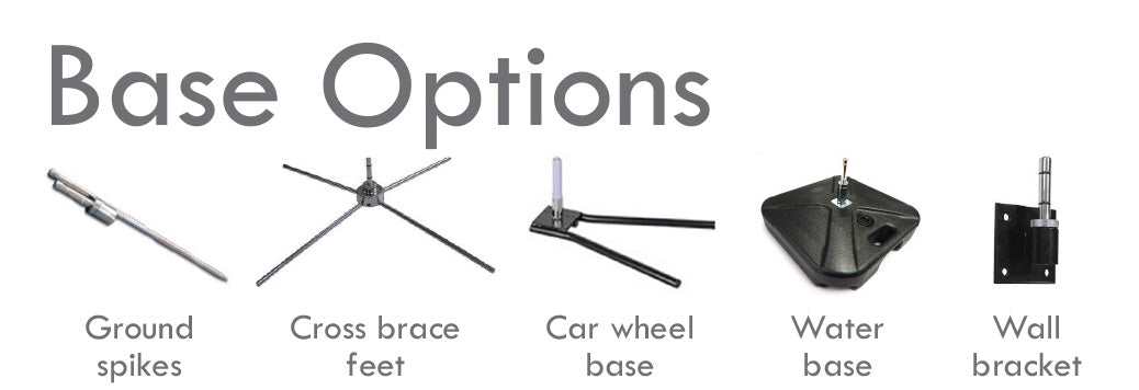 Teardrop flag base options, showing images of grounds pikes, cross brace feet, car wheet base, water base and wall bracket, , available at Docuprint in Fremantle, Perth, Australia