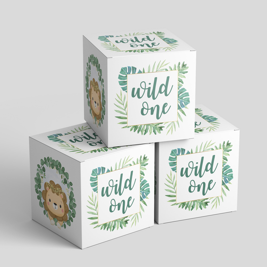 Custom party favor boxes with a design featuring a bear and green leaves on a white background, stacked in a pyramid shape, custom designed and printed by Docuprint in Fremantle, Perth, Australia.