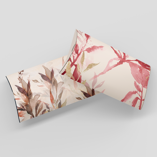 A pillow gift box with a floral pattern, featuring a mix of colors including beige, pink, and green, presented flat, custom designed and printed by Docuprint in Fremantle, Perth, Australia