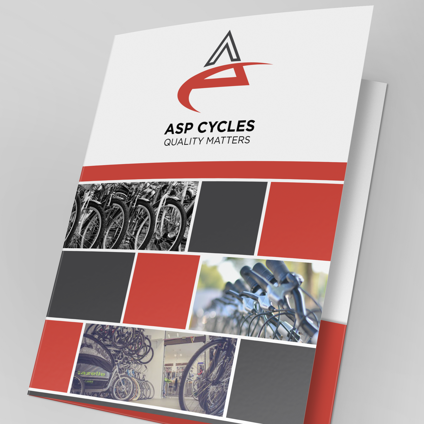 A4 presentation folder showing an outer document folder for ASP Cycles 'quality matters', MSF mounted poster, custom designed and printed by Docuprint in Fremantle, Perth, Australia.