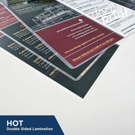 Double-sided hot pouch gloss laminated print finished by Docuprint, displayed as a promotional flyer in Fremantle, Perth, Australia