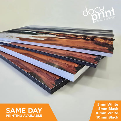 Stack of foamboard posters showing 5mm-10mm thickness, professionally printed and finished by Docuprint in Fremantle, Perth, Australia


