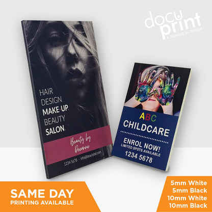 Two foamboard signs with stands, one featuring a black edge and text for a hair design course, and the other with a blue edge and text for a childcare course, custom designed and printed by Docuprint in Fremantle, Perth, Australia. 