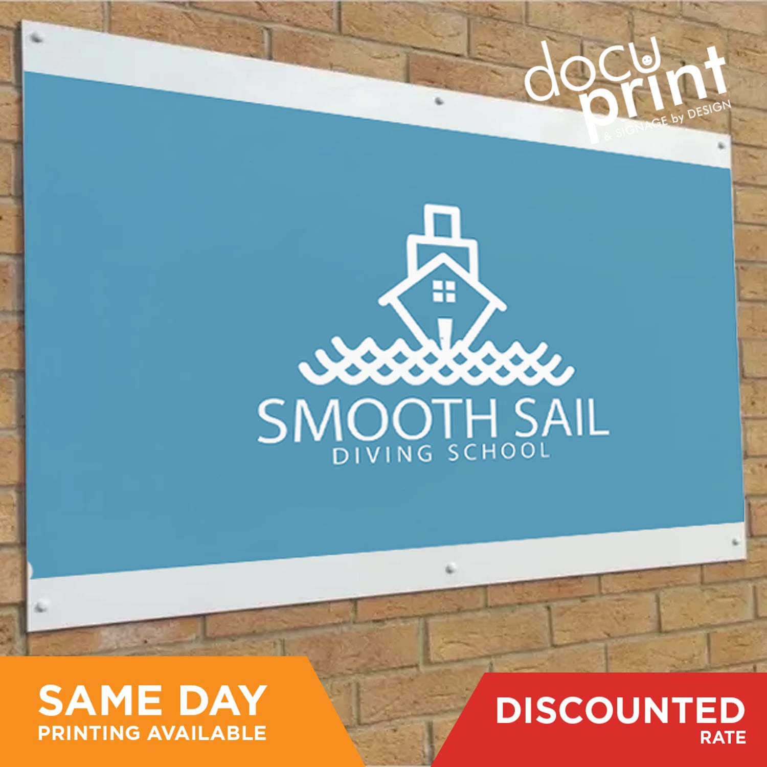 Discounted rate ACM signage panel for Smooth Sail Diving School with a blue background and houseboat graphic, custom designed and printed by Docuprint in Fremantle, Perth, Australia

