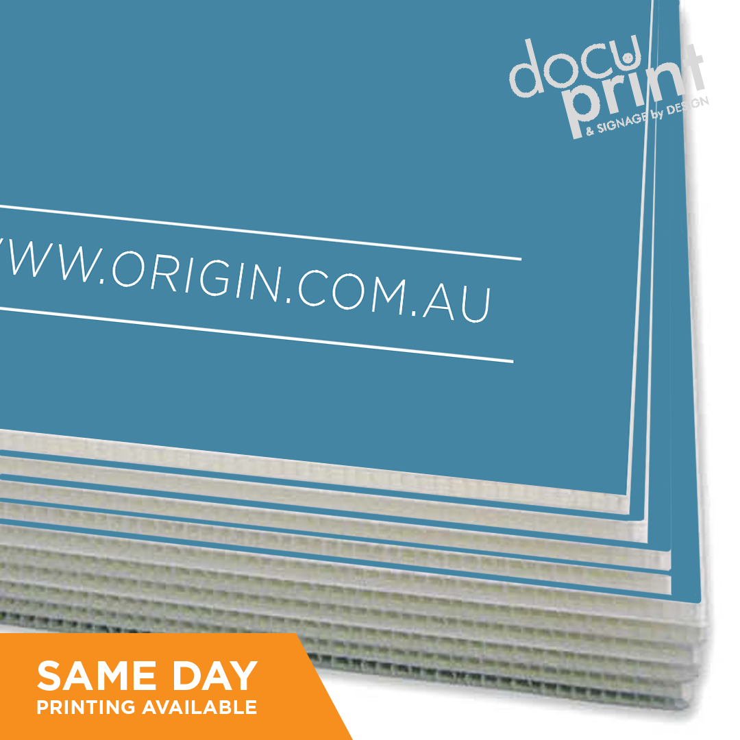 Stack of blue waterproof corflute signs, custom printed and supplied by Docuprint in Fremantle, Perth, Australia

