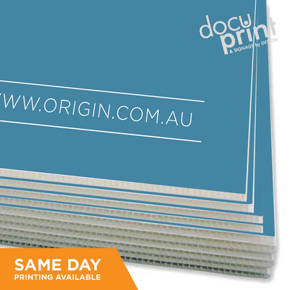 Stack of blue waterproof corflute signs, custom printed and supplied by Docuprint in Fremantle, Perth, Australia


