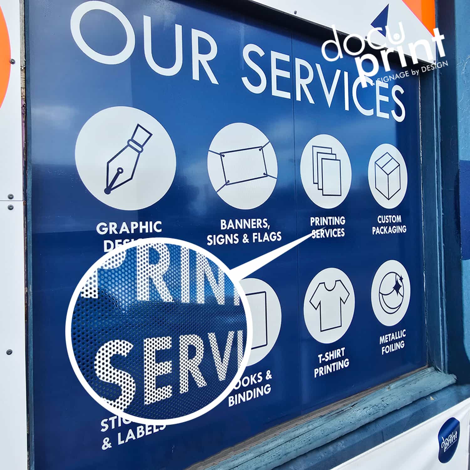 One Way Vision Sticker designed and printed by Docuprint, applied on a business window in Fremantle, Perth, Australia