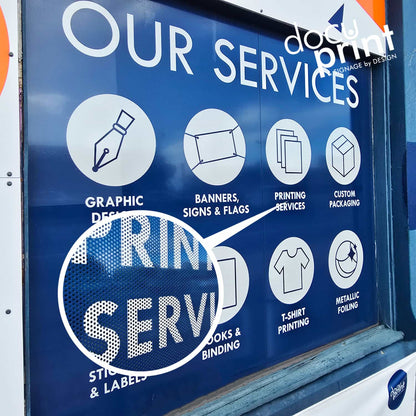 One Way Vision Sticker designed and printed by Docuprint, applied on a business window in Fremantle, Perth, Australia