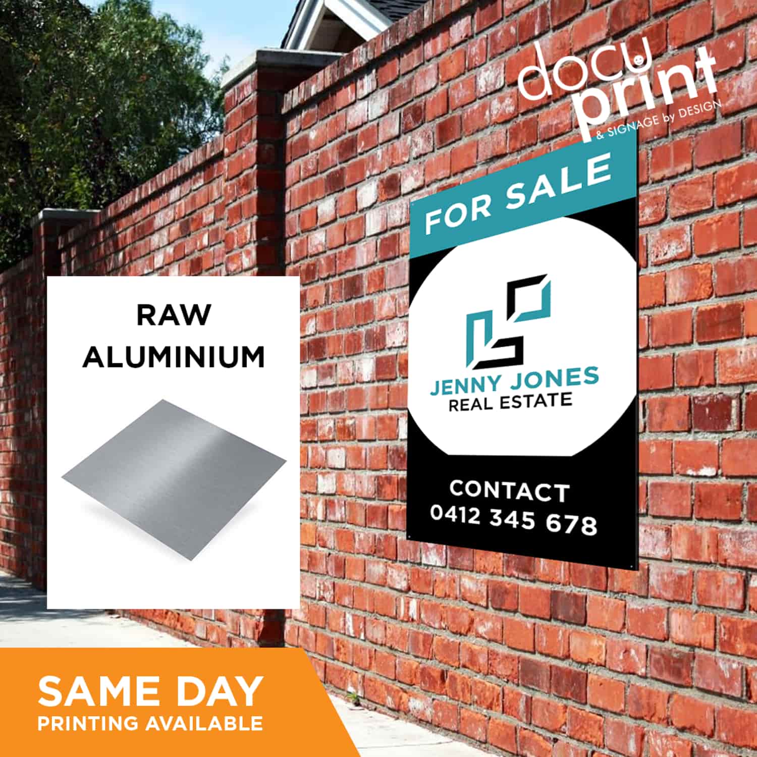 A 'For Sale' sign featuring a raw aluminium finish, placed against a red brick wall. The sign shows the brand logo of Jenny Jones Real Estate, custom designed and printed by Docuprint in Fremantle, Perth, Australia. 