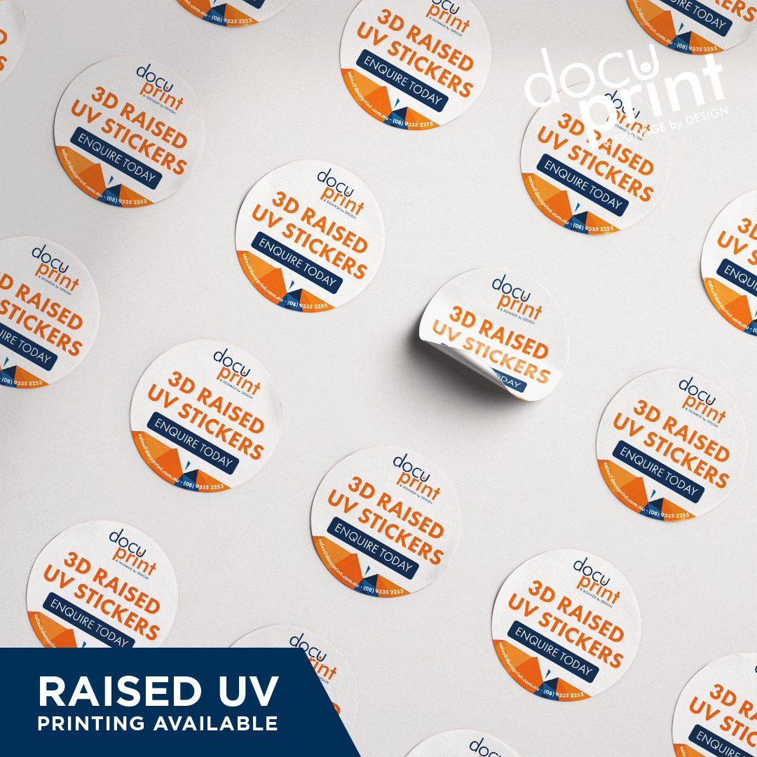 Raised UV printed vinyl stickers with a '3D Printed' text and a logo on a white background, indicating that the product features 3D printed technology, custom designed and printed by Docuprint in Fremantle, Perth, Australia