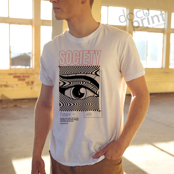 A person wearing a white t-shirt with a custom printed design that features a stylized eye pattern, custom designed and printed by Docuprint in Fremantle, Perth, Australia