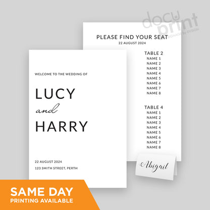 A wedding-themed display set including a seating chart and placecards, with the names 'LUCY & HARRY' printed on them, custom designed and printed by Docuprint in Fremantle, Perth, Australia