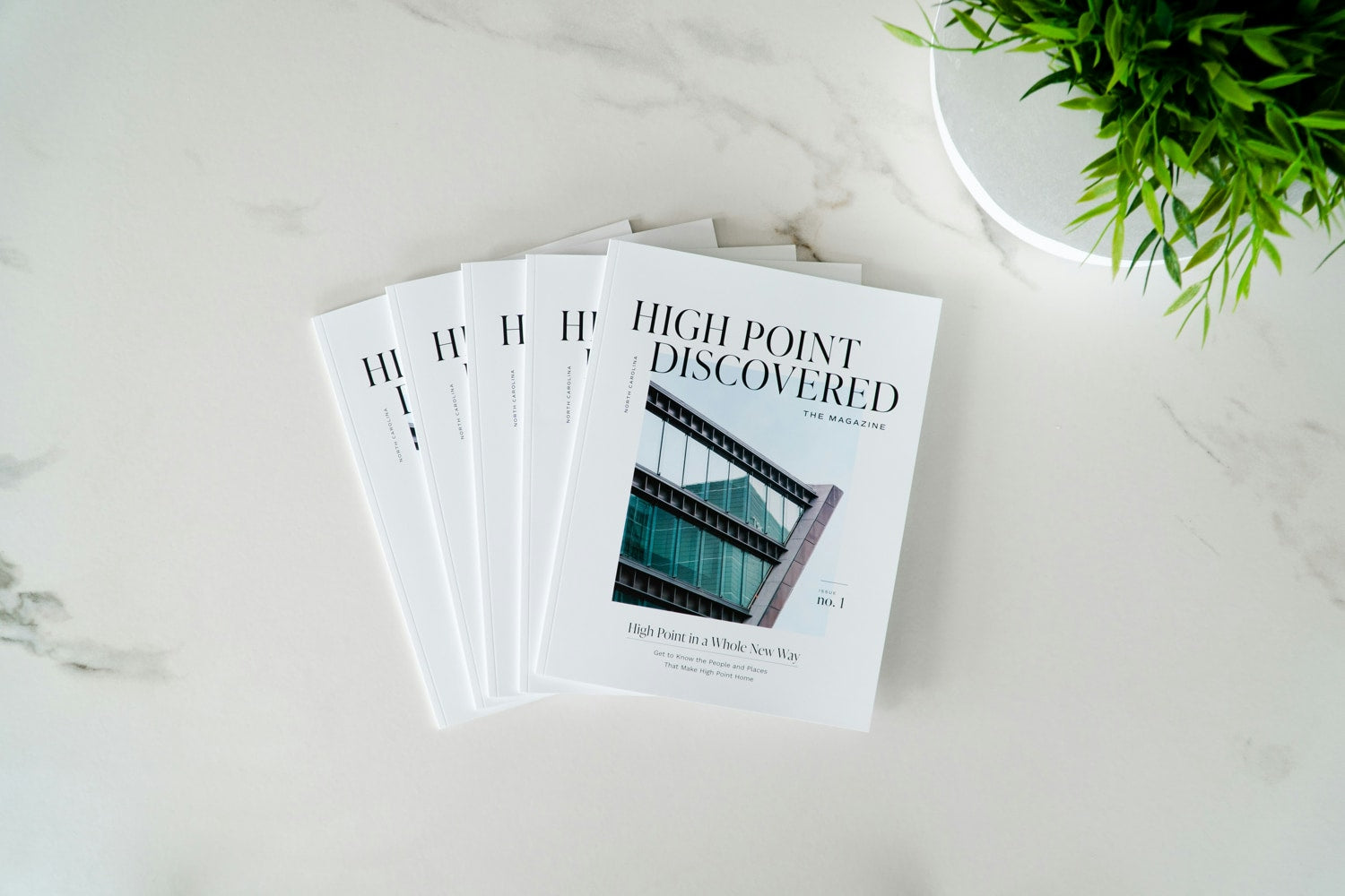 Stack of 'High Point Discovered' magazines on a light surface with a plant in the background, custom designed and printed by Docuprint in Fremantle, Perth, Australia

