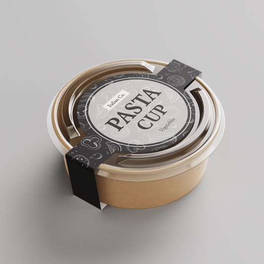 Italian co pasta cup packaging, a small cardboard tub with a plastic lid and an outer cardboard sleep with the text on it , custom designed and printed by Docuprint in Fremantle, Perth, Australia