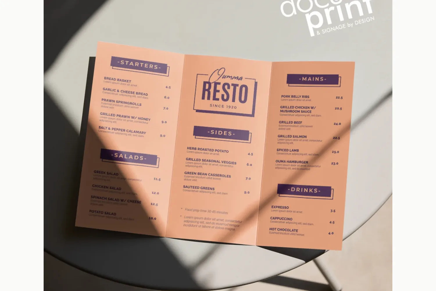 A3 trifold menu brochure printed full colour