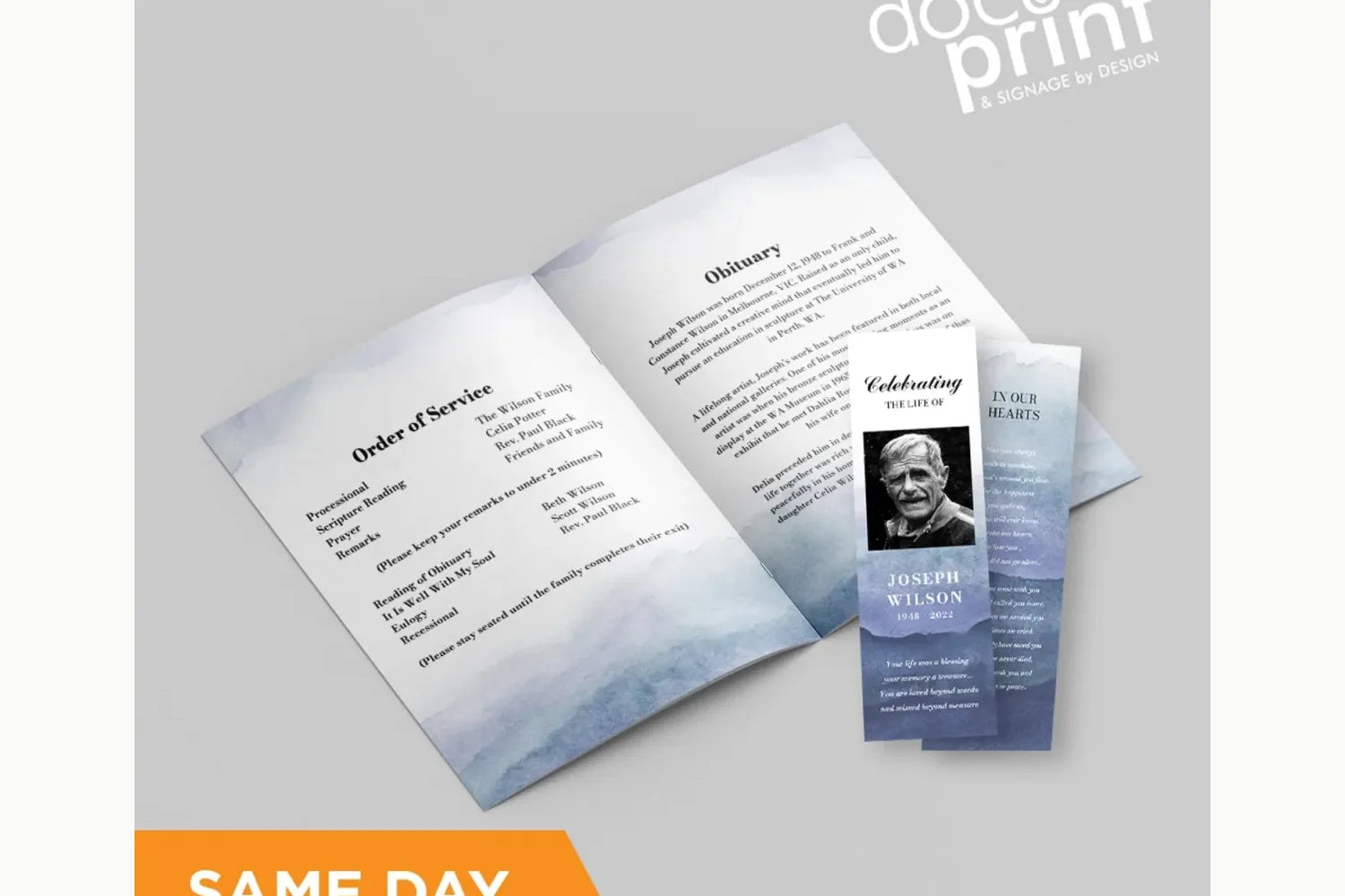 Funeral service booklets and keepsake bookmarks