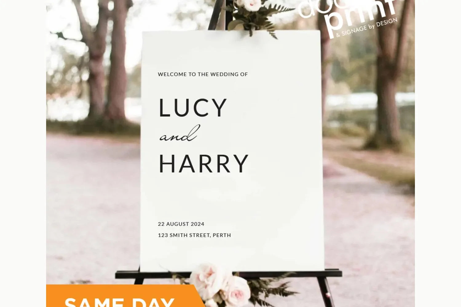 Wedding welcome signage and stationery